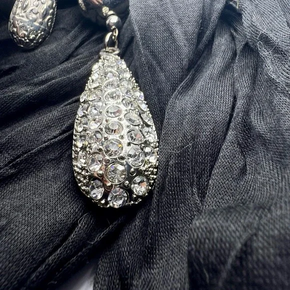 Black Scarf‎ Necklace Silver Tone Beads Rhinestones Fringe Western Statement - Picture 2 of 8